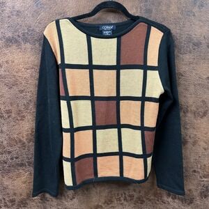 Colinda XL Italian Made Black Tan Brown Wool knit Square Patch Block Sweater